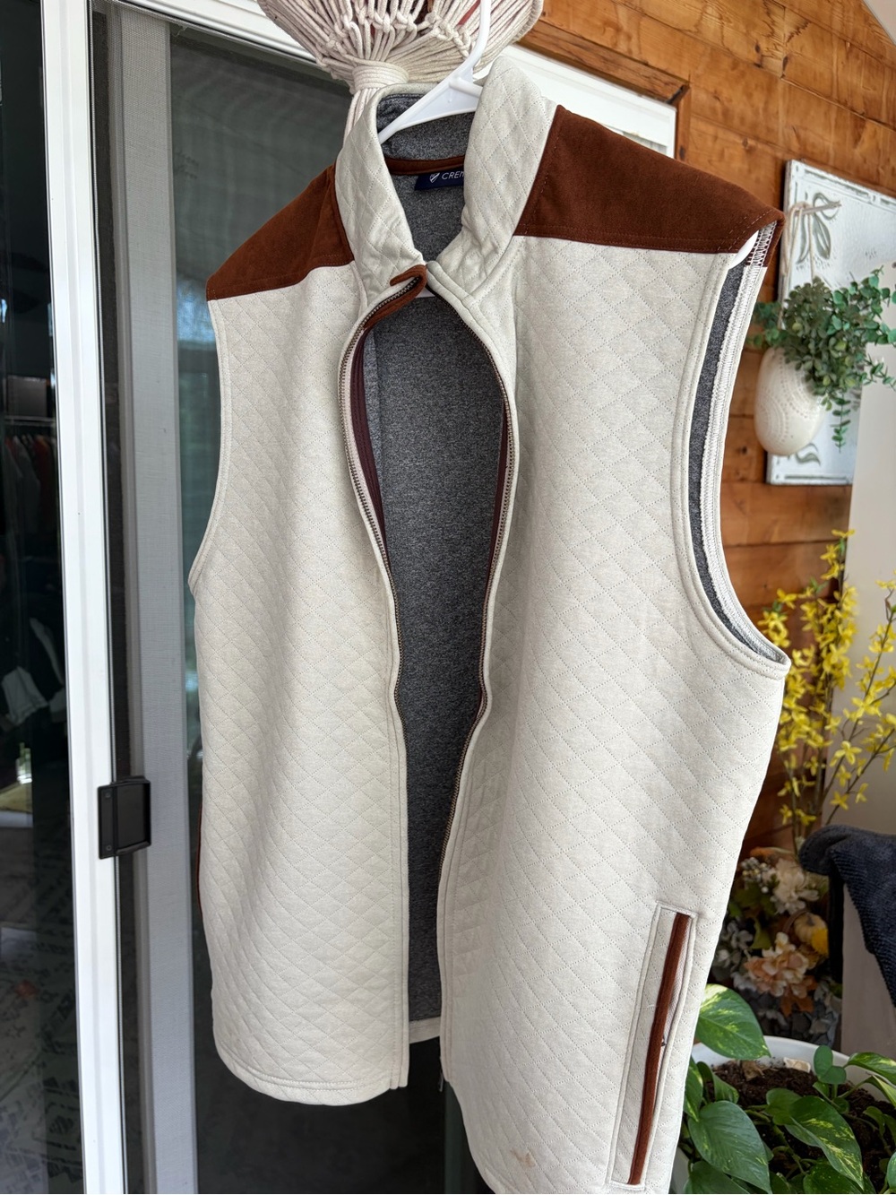 Cream Quilted Men's Vest with Brown Suede Shoulders